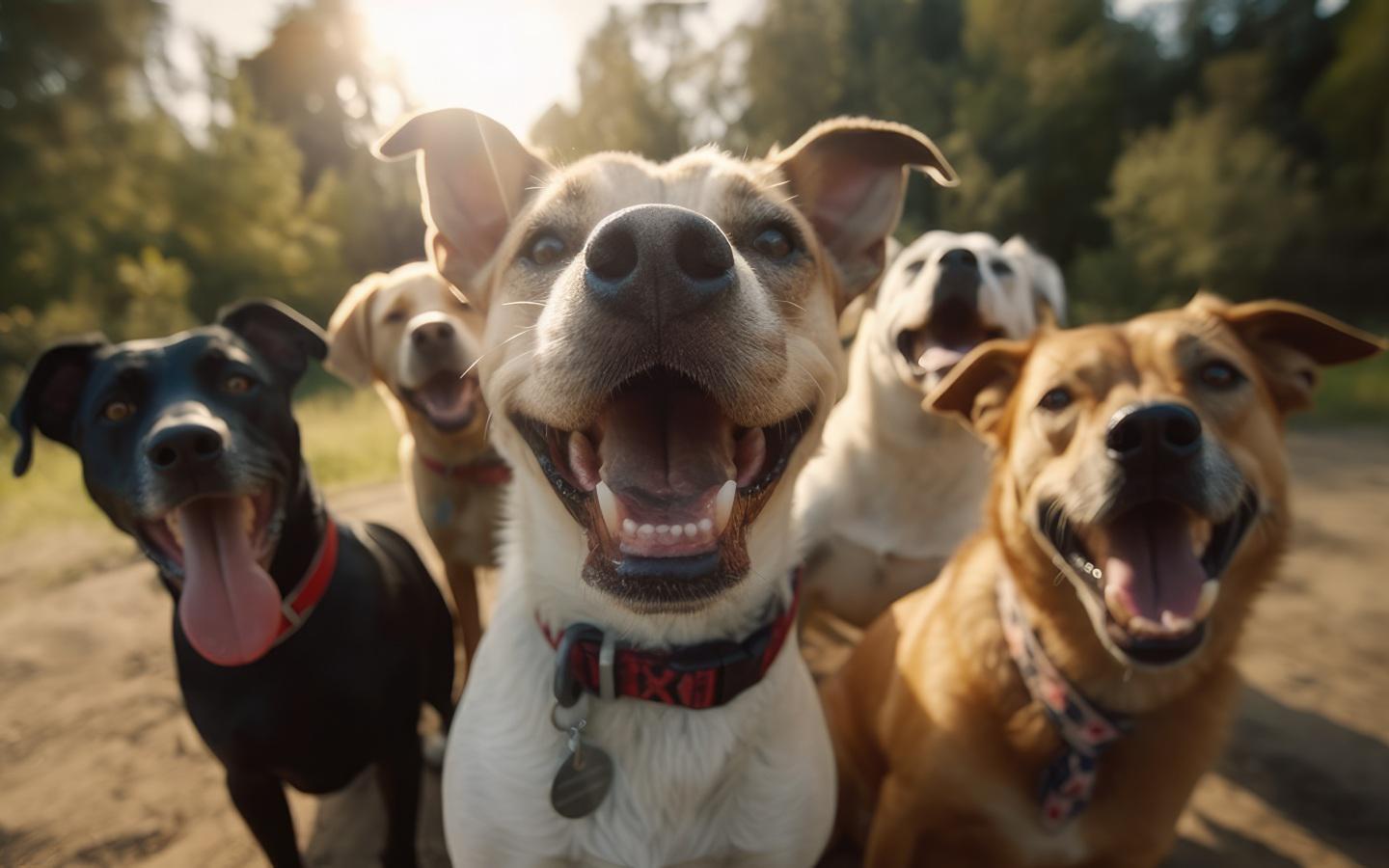 A group of dogs looking up